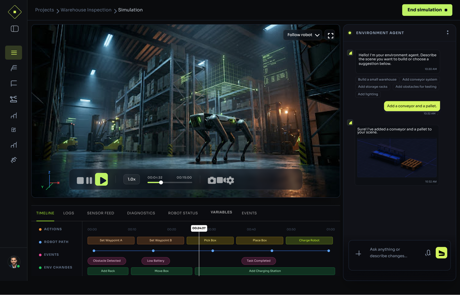 The RoboSim AI workspace: 3D scene, robot library, and telemetry timeline